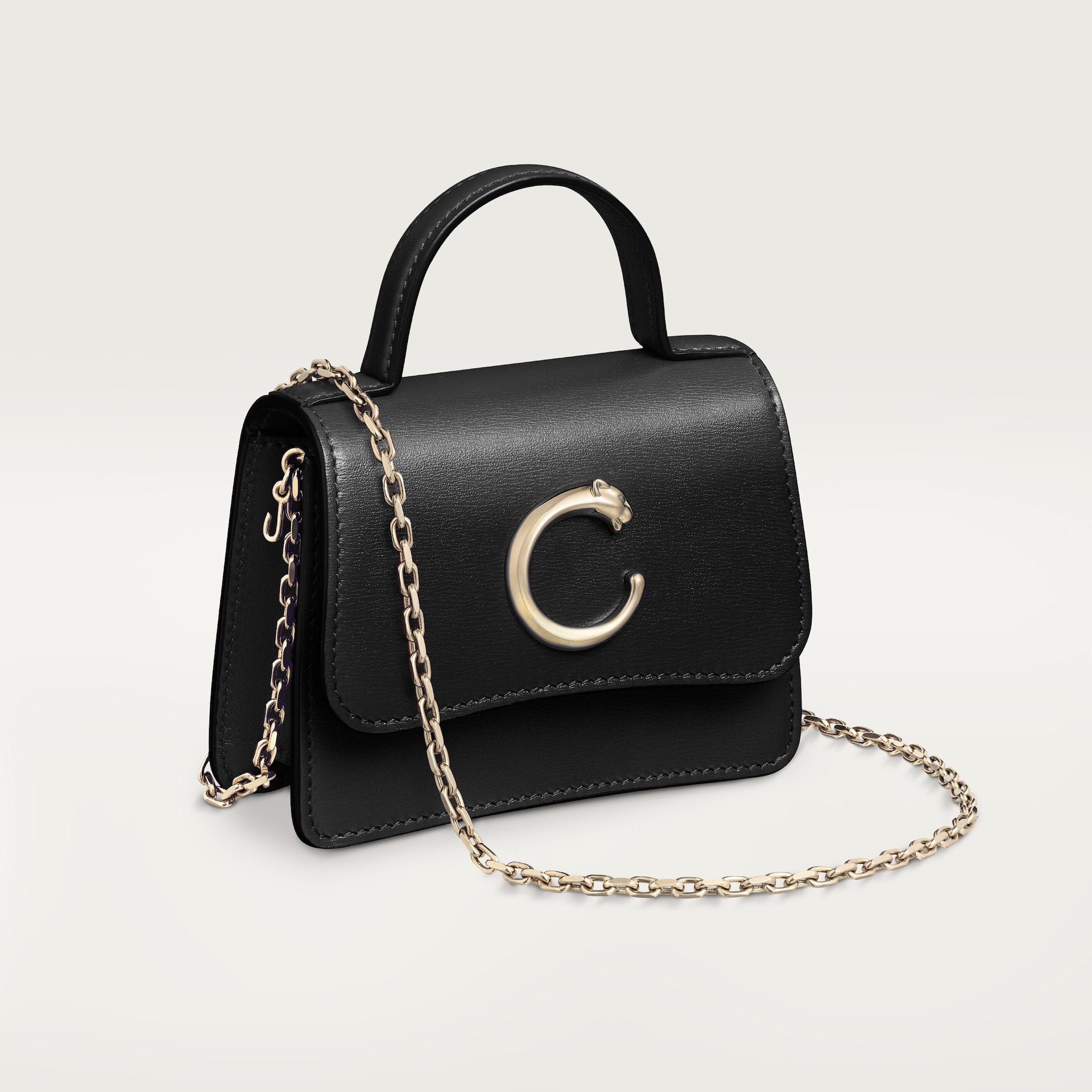 Micro chain bag, Panthère de CartierBlack calfskin, golden finish