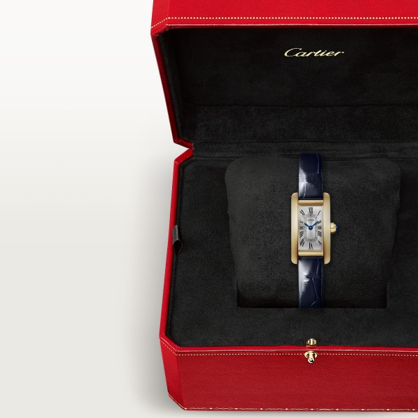 Tank Américaine watch Mini model, quartz movement, yellow gold, leather