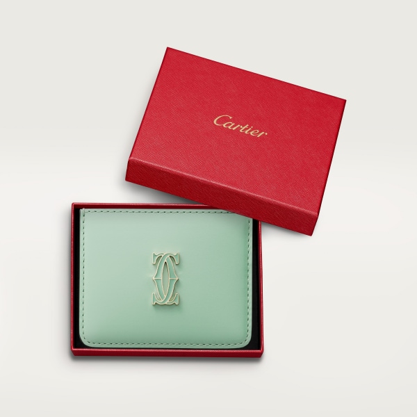 C de Cartier系列单层卡片夹 灰绿色小牛皮，镀金和灰绿色珐琅饰面