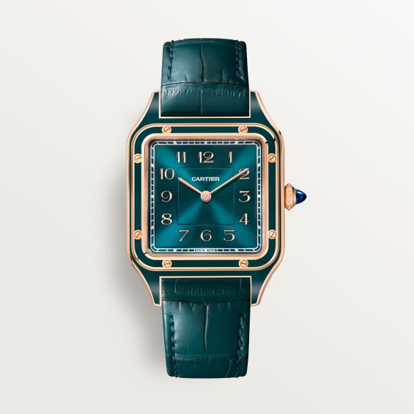 Santos-Dumont watch Large model, manual movement, rose gold, leather