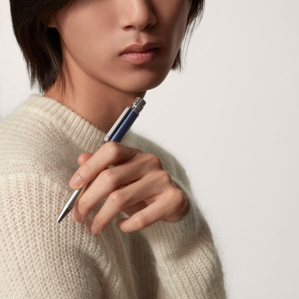 Santos de Cartier ballpoint pen Large model, brushed and engraved striated metal covered with blue PVD, palladium finish