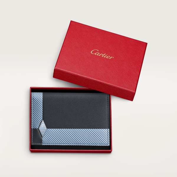 4 credit card holder, Cartier Losange Slate grey and sky blue debossed calfskin with gadroon motif, sky blue enamel and palladium finish