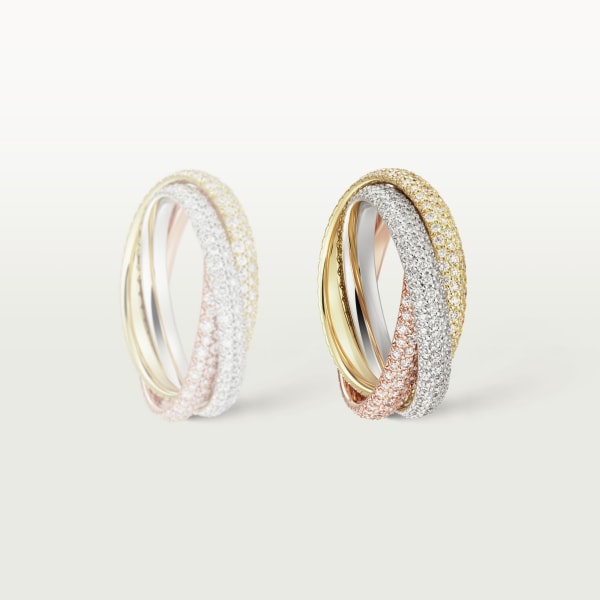 Trinity ring, classic model, paved White gold, yellow gold, rose gold, diamonds