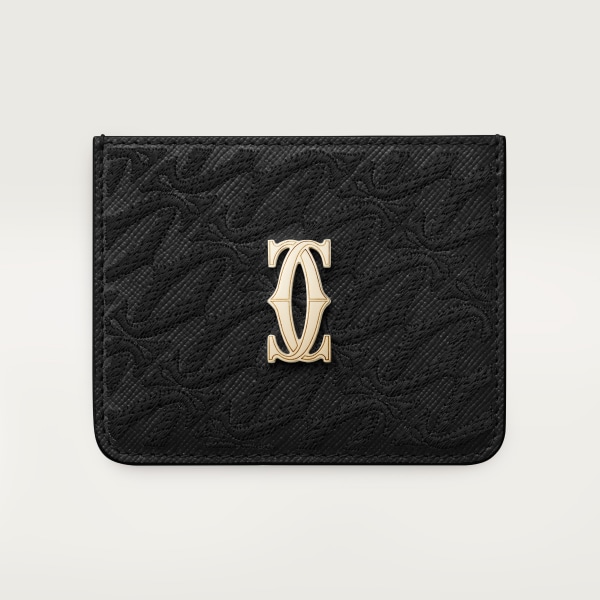 Simple Card Holder, C de Cartier Black textured calfskin, embroidery, golden finish