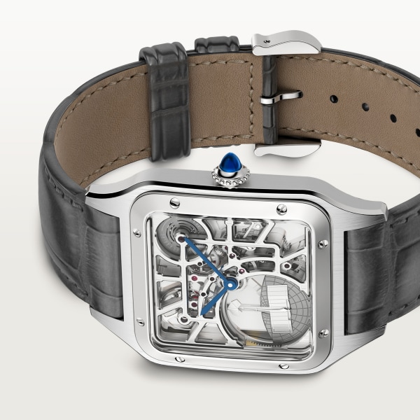 Santos-Dumont skeleton watch equipped with a micro-rotor Large model, automatic mechanical skeleton movement, steel, leather