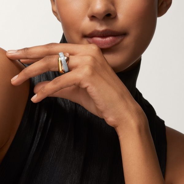 Trinity cushion ring, large model, semi-paved White gold, yellow gold, rose gold, diamonds
