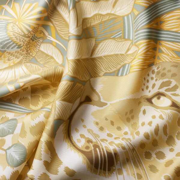 90 Scarf, Panther in the Jungle Sage green & mimosa yellow silk twill