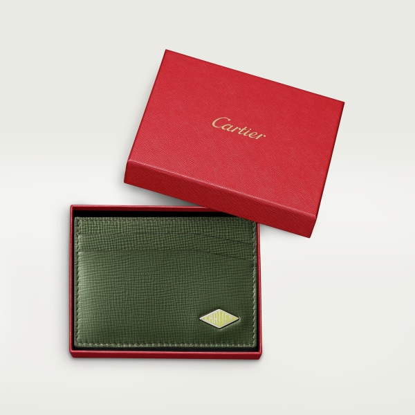 Double card holder, Cartier Losange Khaki calfskin, palladium finish and enamel