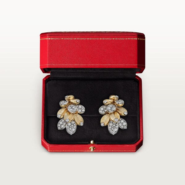 Grain de Café earrings, semi-paved Yellow gold, platinum, diamonds
