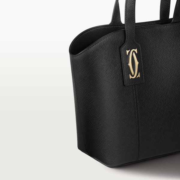 Mini tote bag, C de Cartier Black textured calfskin, embroidery, golden finish