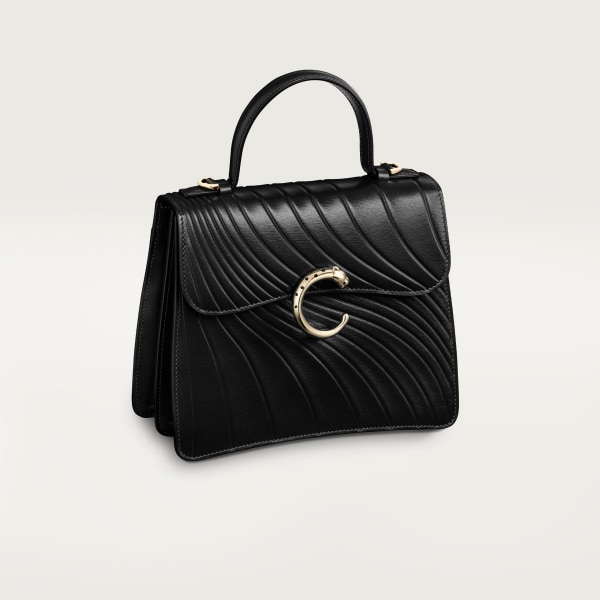 Handle bag mini model, Panthère de Cartier Black calfskin, embossed Cartier signature motif, golden finish