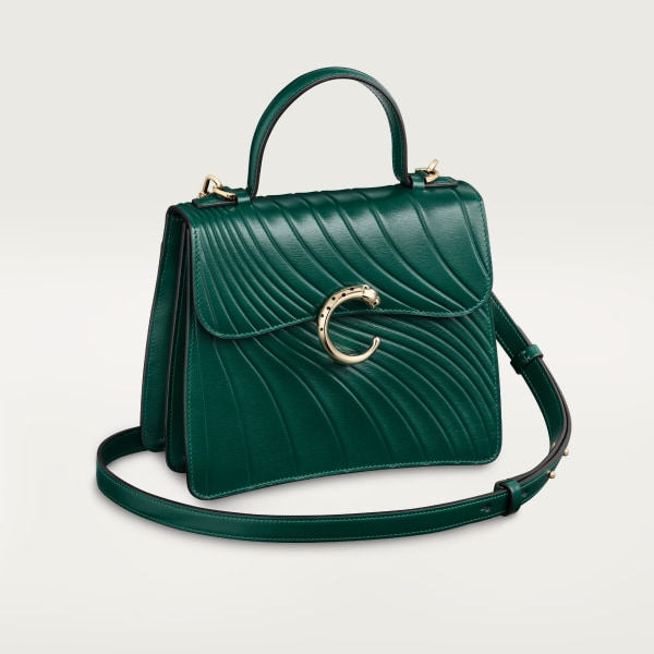 Handle bag mini model, Panthère de Cartier Emerald green calfskin, embossed Cartier signature motif, golden finish