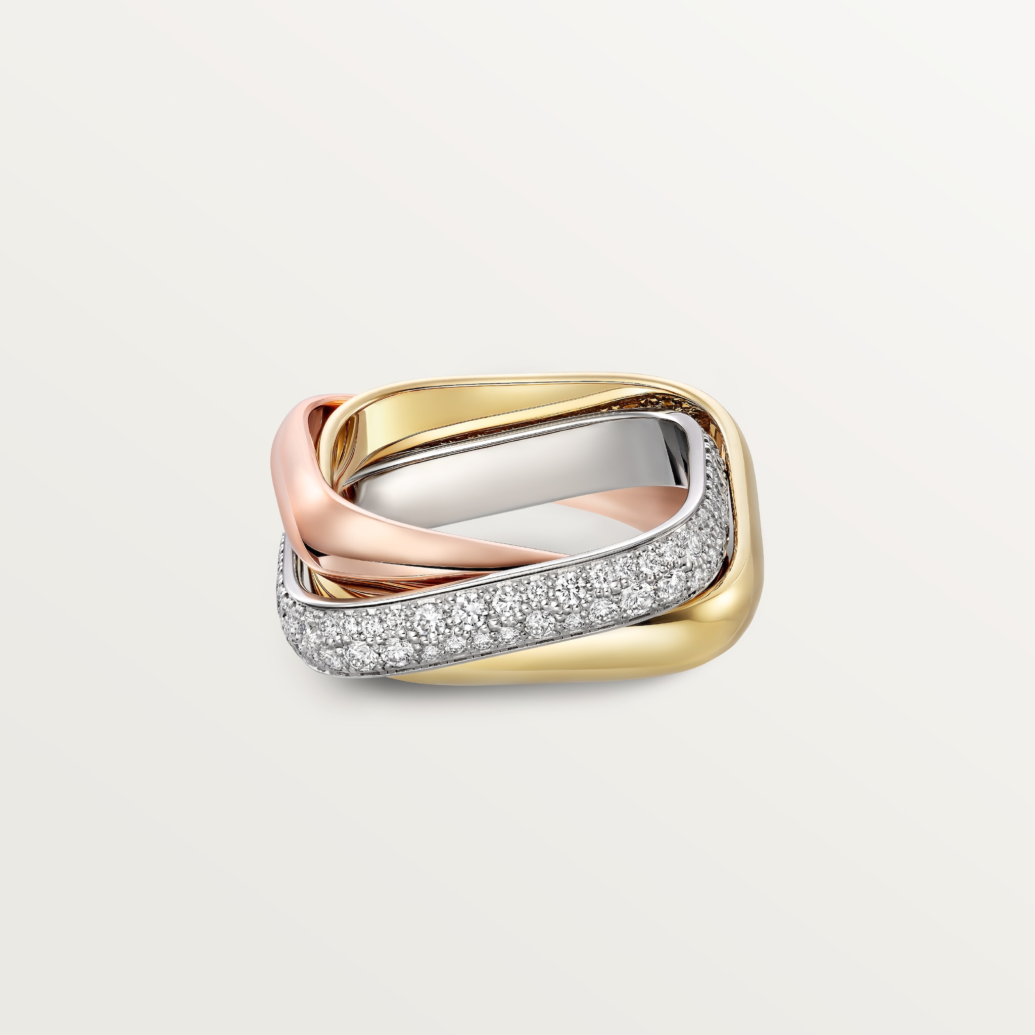 Trinity cushion ring, classic model, pavedWhite gold, yellow gold, rose gold, diamonds