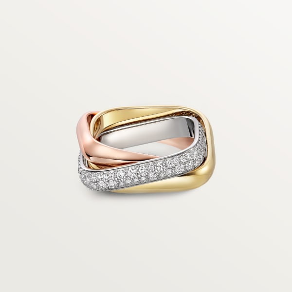 Trinity cushion ring, classic model, paved White gold, yellow gold, rose gold, diamonds
