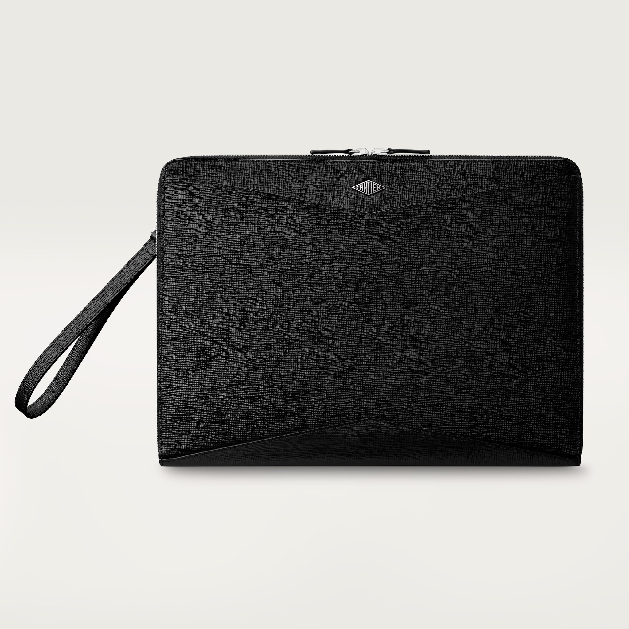 Portfolio bag, Cartier LosangeBlack grained calfskin, palladium finish and enamel
