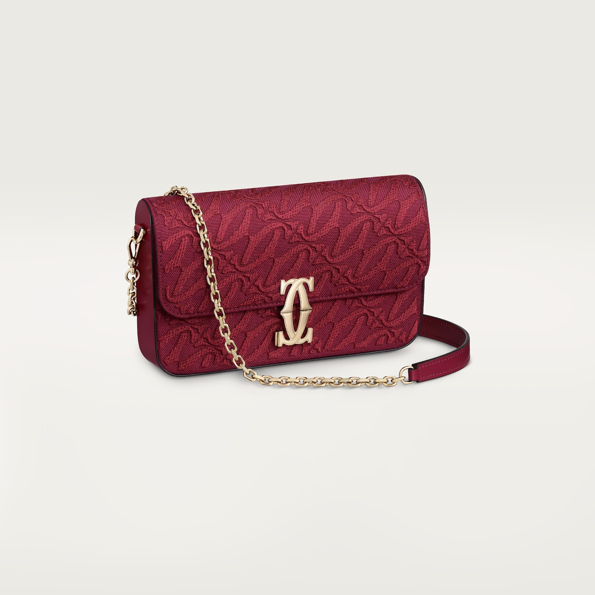 C de Cartier系列迷你款链条手袋刺绣和樱桃红色小牛皮，镀金饰面