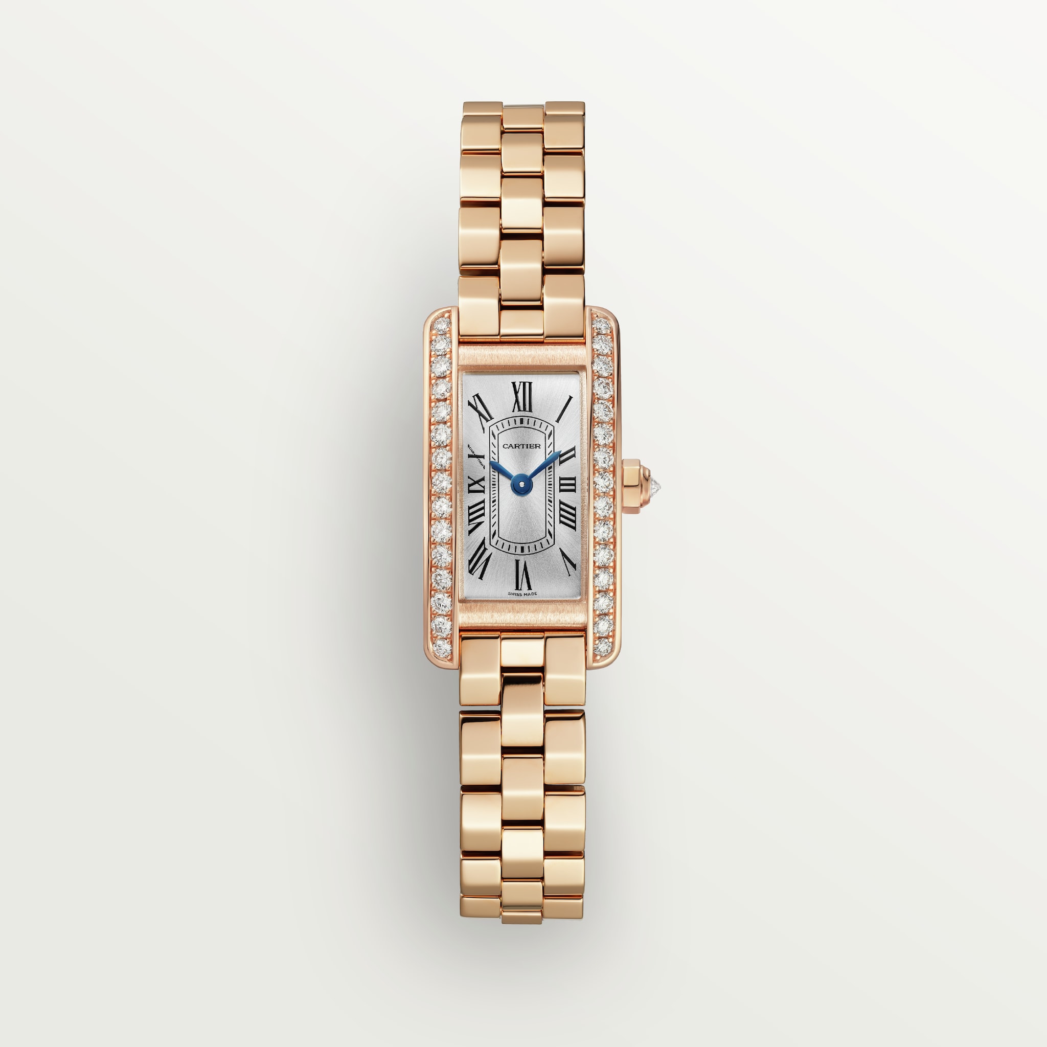 Tank Américaine watchMini model, quartz movement, rose gold, diamonds