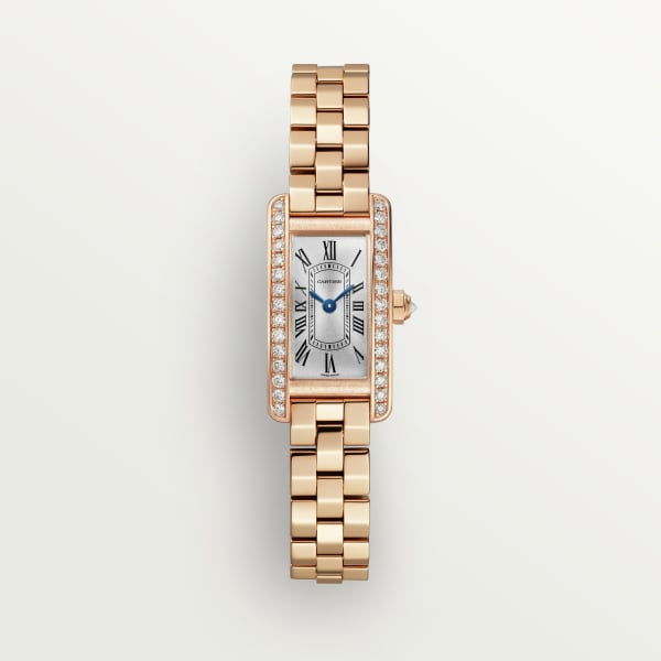 Tank Américaine watch Mini model, quartz movement, rose gold, diamonds