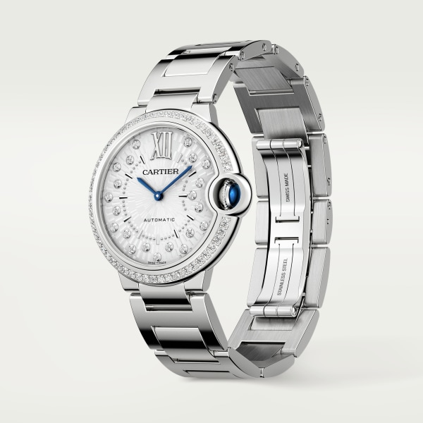 Ballon Bleu de Cartier watch 36 mm, automatic mechanical movement, steel, diamonds
