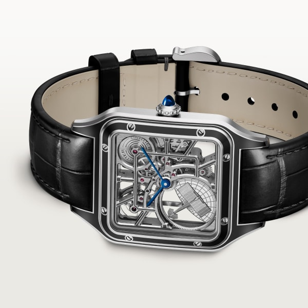 Santos-Dumont skeleton watch equipped with a micro-rotor Large model, automatic skeleton movement, steel, lacquer, 2 leather straps