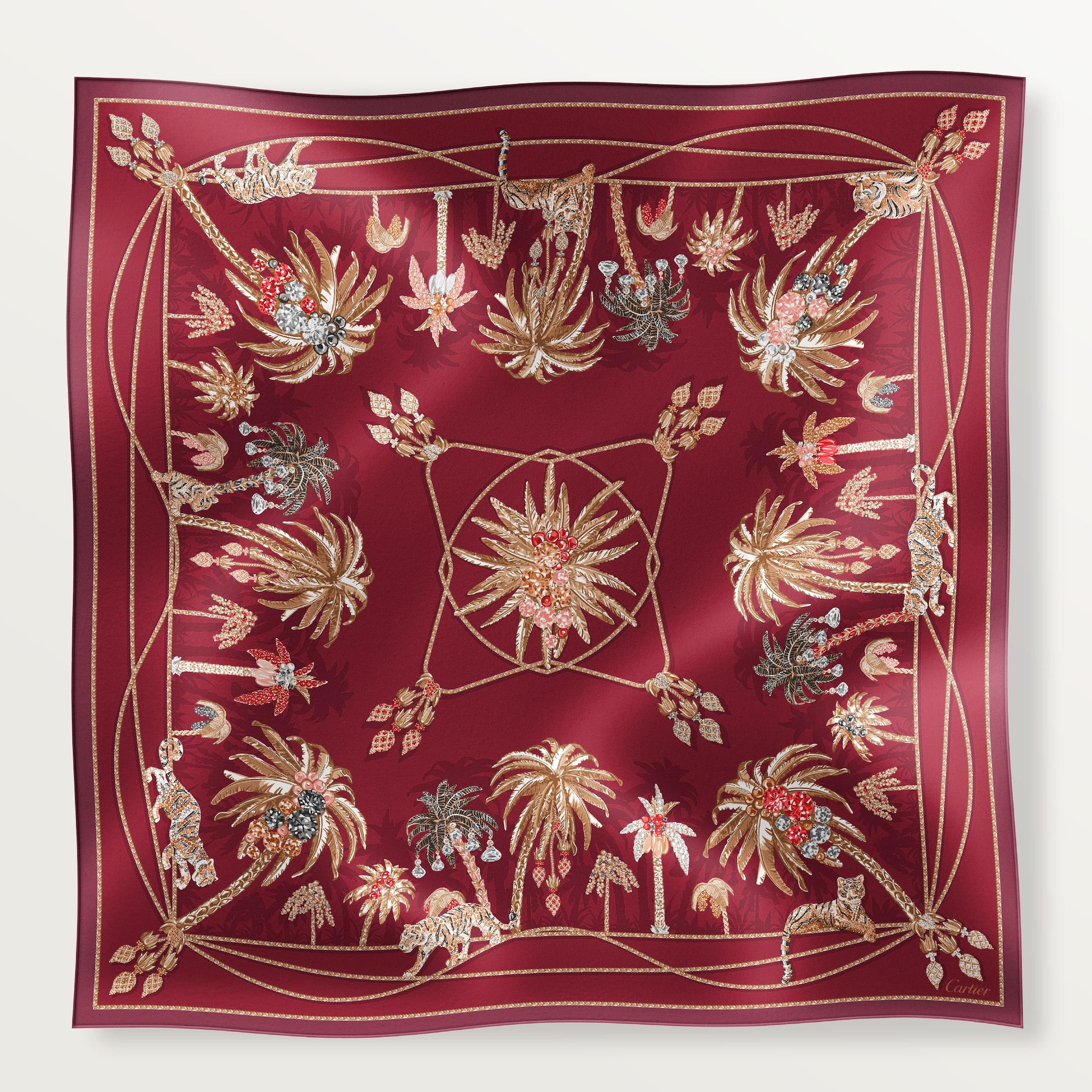  90 scarf, Jewellery Palm TreesRaspberry-coloured silk twill