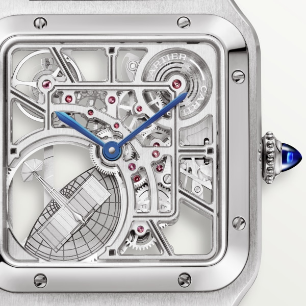 Santos-Dumont skeleton watch equipped with a micro-rotor Large model, automatic mechanical skeleton movement, steel, leather