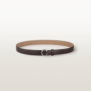 Belt 25 mm, Panthère de Cartier, Size 85 cm Tonka brown calfskin, palladium-finish buckle, zebra motif