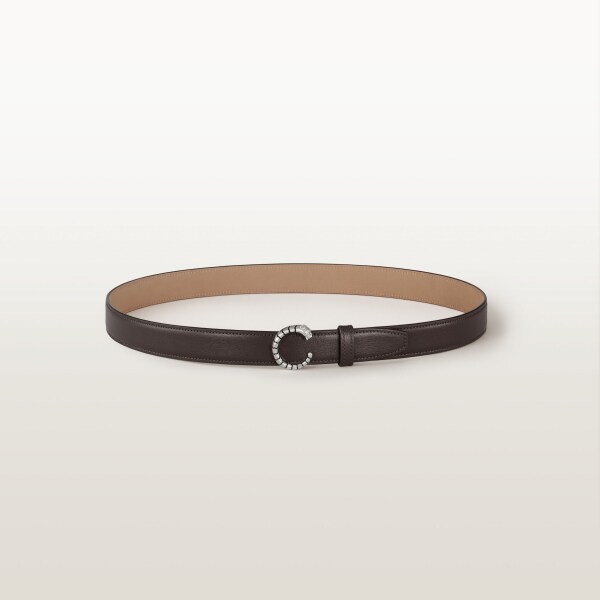 Belt 25 mm, Panthère de Cartier, Size 75 cm Tonka brown calfskin, palladium-finish buckle, zebra motif