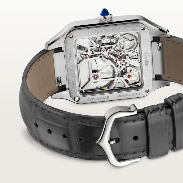Santos-Dumont skeleton watch equipped with a micro-rotor Large model, automatic mechanical skeleton movement, steel, leather