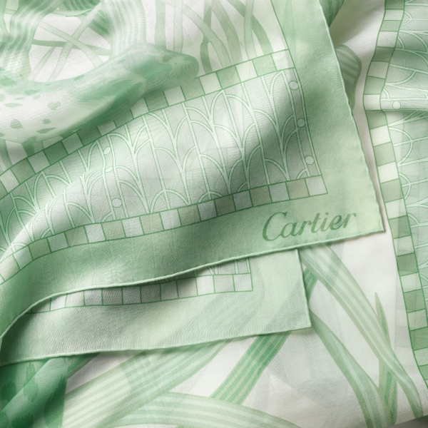 Rectangular scarf, Panther in the Jungle  Sage green cotton and silk twill