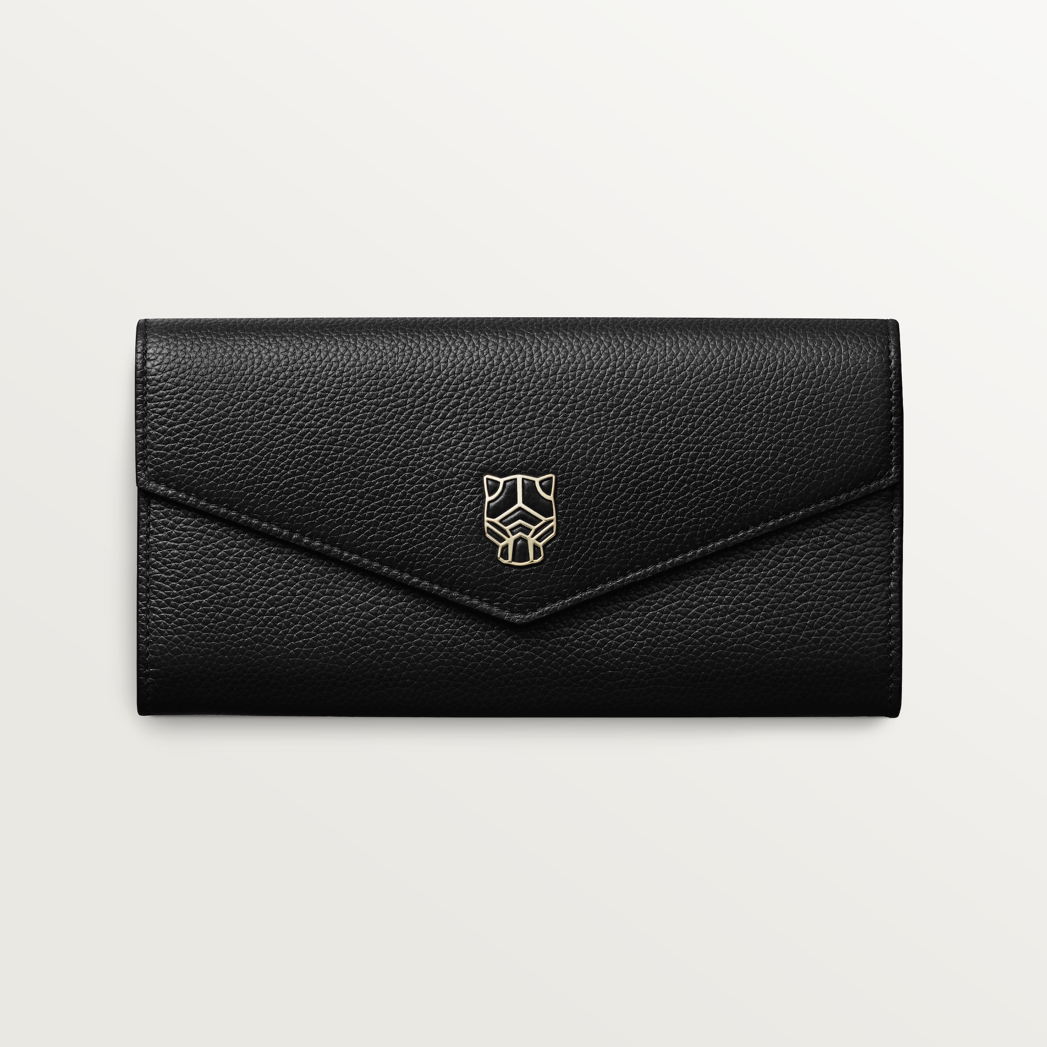 International wallet with flap, Panthère de CartierBlack calfskin, golden finish and black enamel