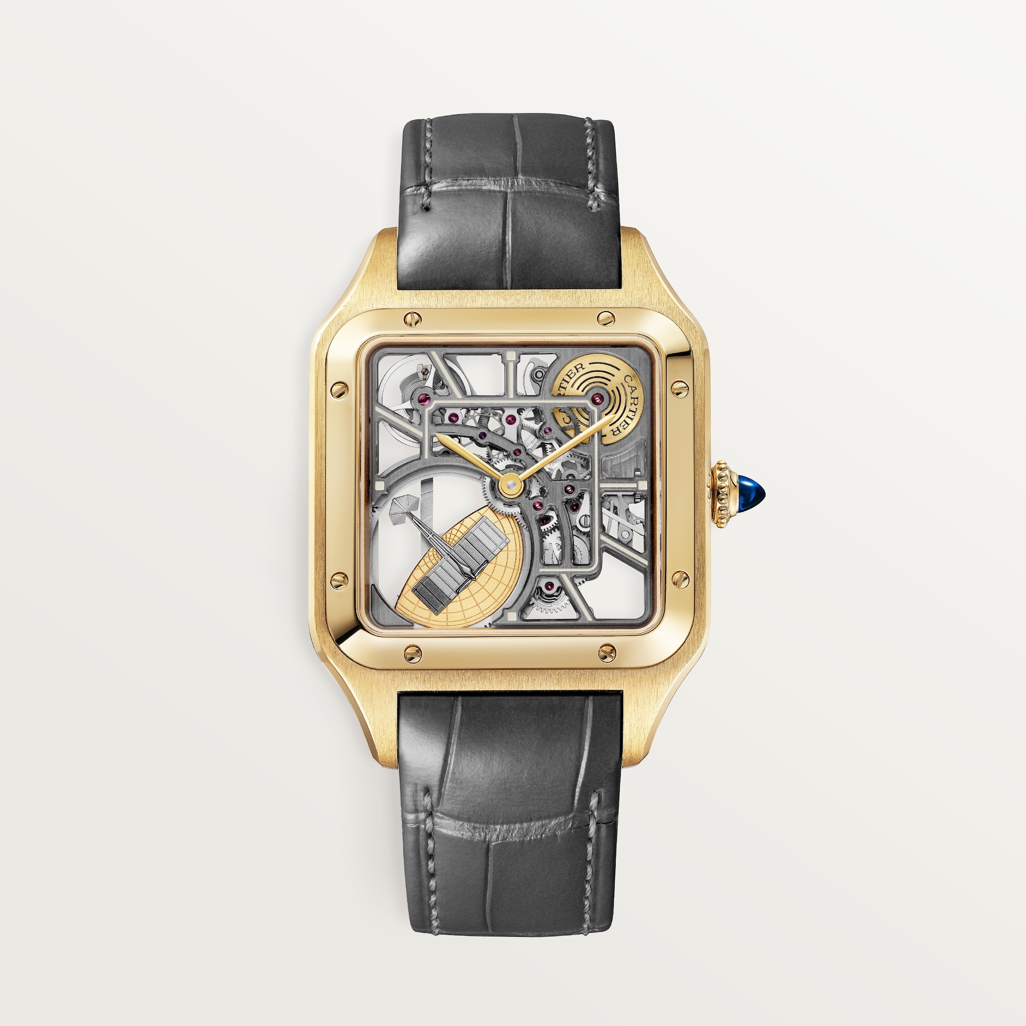 Santos-Dumont skeleton watch equipped with a micro-rotorLarge model, automatic skeleton movement, yellow gold, 2 leather straps