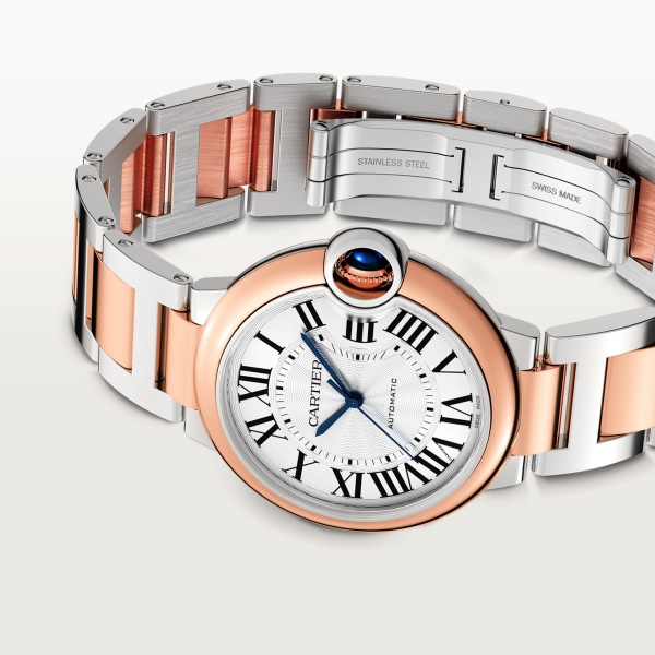 Ballon Bleu de Cartier watch 36 mm, mechanical movement with automatic winding, rose gold, steel