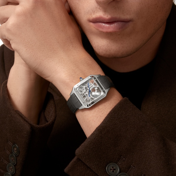 Santos-Dumont skeleton watch equipped with a micro-rotor Large model, automatic mechanical skeleton movement, steel, leather