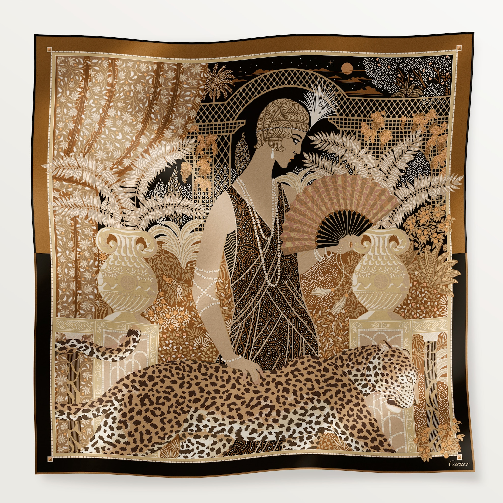 91 scarf, Woman with a PantherBeige & caramel silk twill