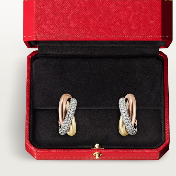 Trinity earrings, classic model, semi-paved White gold, yellow gold, rose gold, diamonds