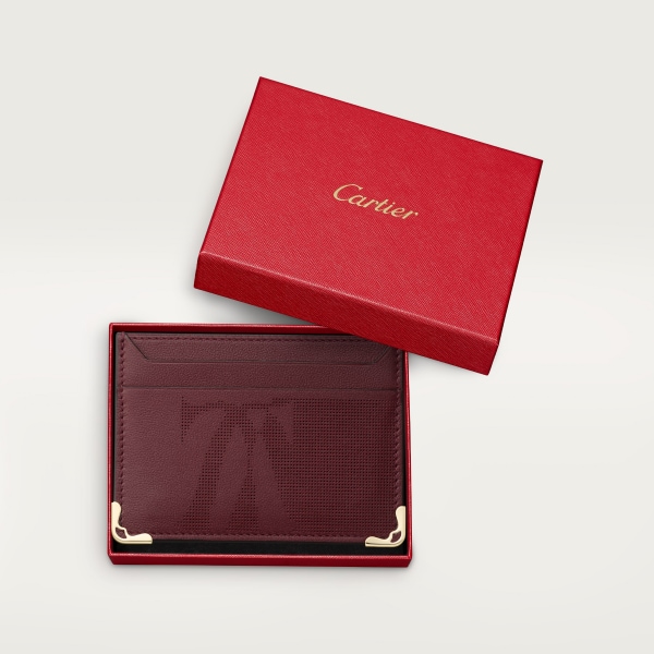 Double card holder, Must de Cartier XL logo perforated burgundy calfskin, golden finish