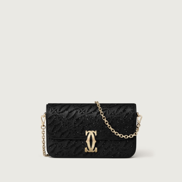 Mini model chain bag, C de Cartier Black textured calfskin, embroidery, golden finish