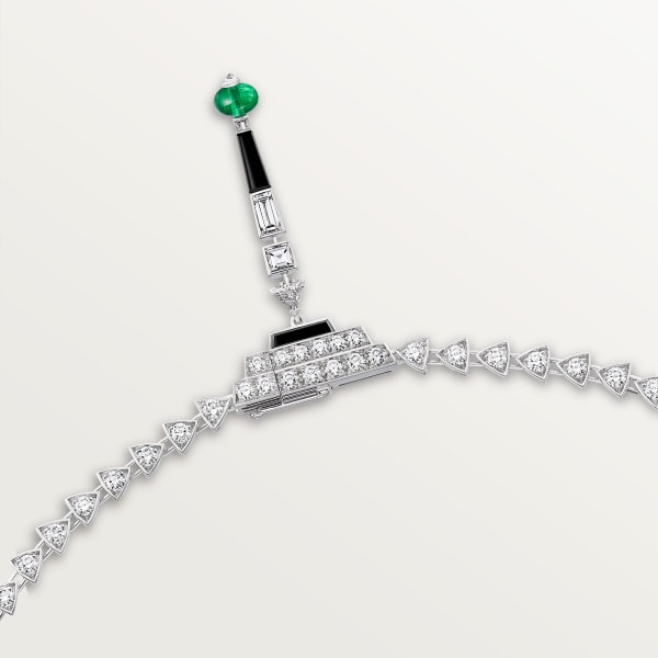 En Équilibre necklace, emerald, paved White gold, onyx, emeralds, diamonds