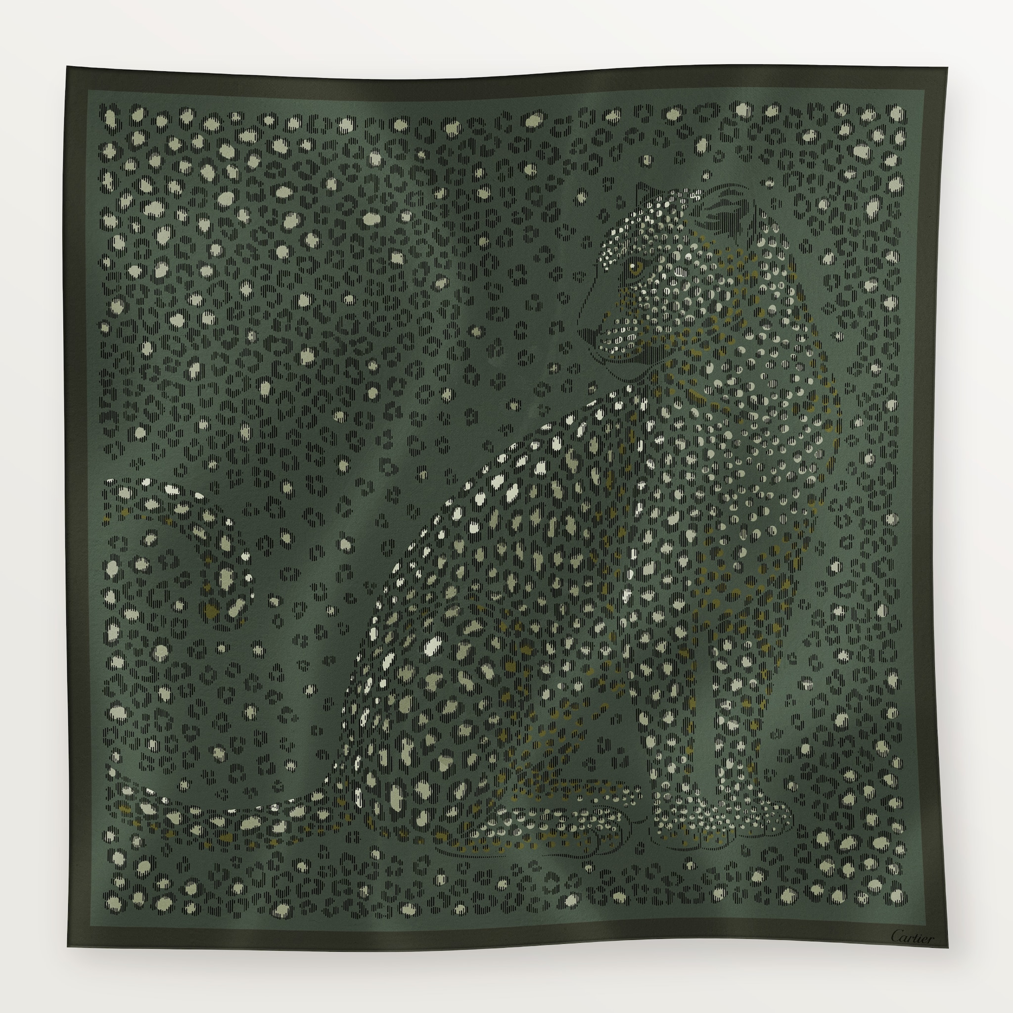 90 scarf, Panthere dotsGreen tea silk twill