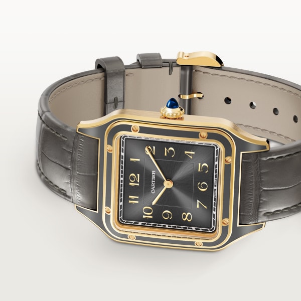 Santos-Dumont watch Large model, manual movement, yellow gold, leather