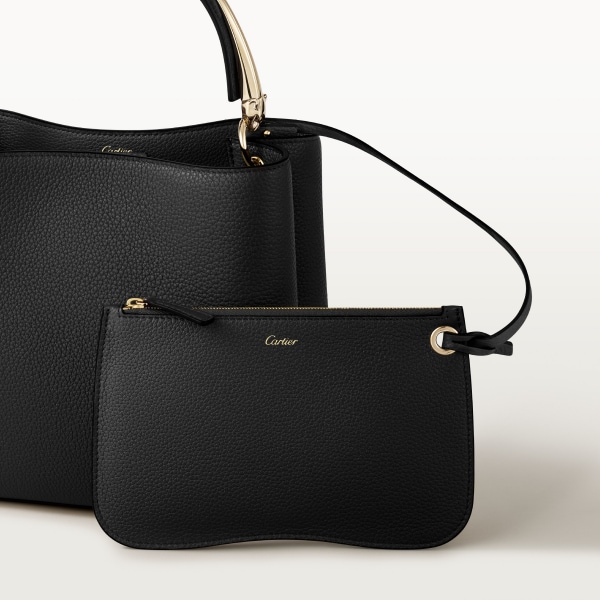 Small model handle bag, Panthère Double de Cartier Grained black calfskin