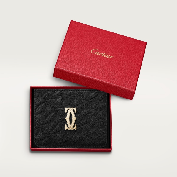 Simple Card Holder, C de Cartier Black textured calfskin, embroidery, golden finish