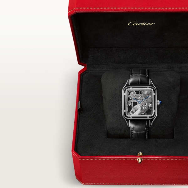 Santos-Dumont skeleton watch equipped with a micro-rotor Large model, automatic skeleton movement, steel, lacquer, 2 leather straps