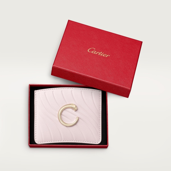 Simple card holder, Panthère C de Cartier Petal pink calfskin, embossed Cartier signature motif, golden finish