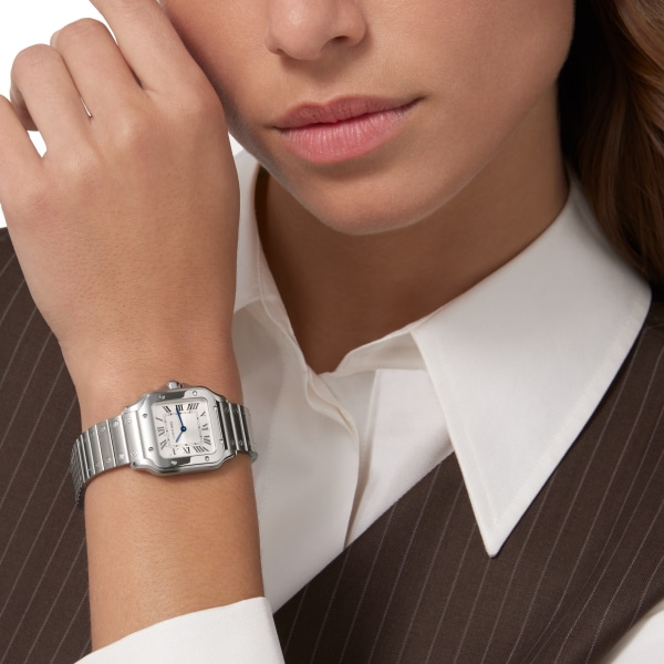Santos de Cartier watch Small model, quartz movement, steel, interchangeable metal and leather straps
