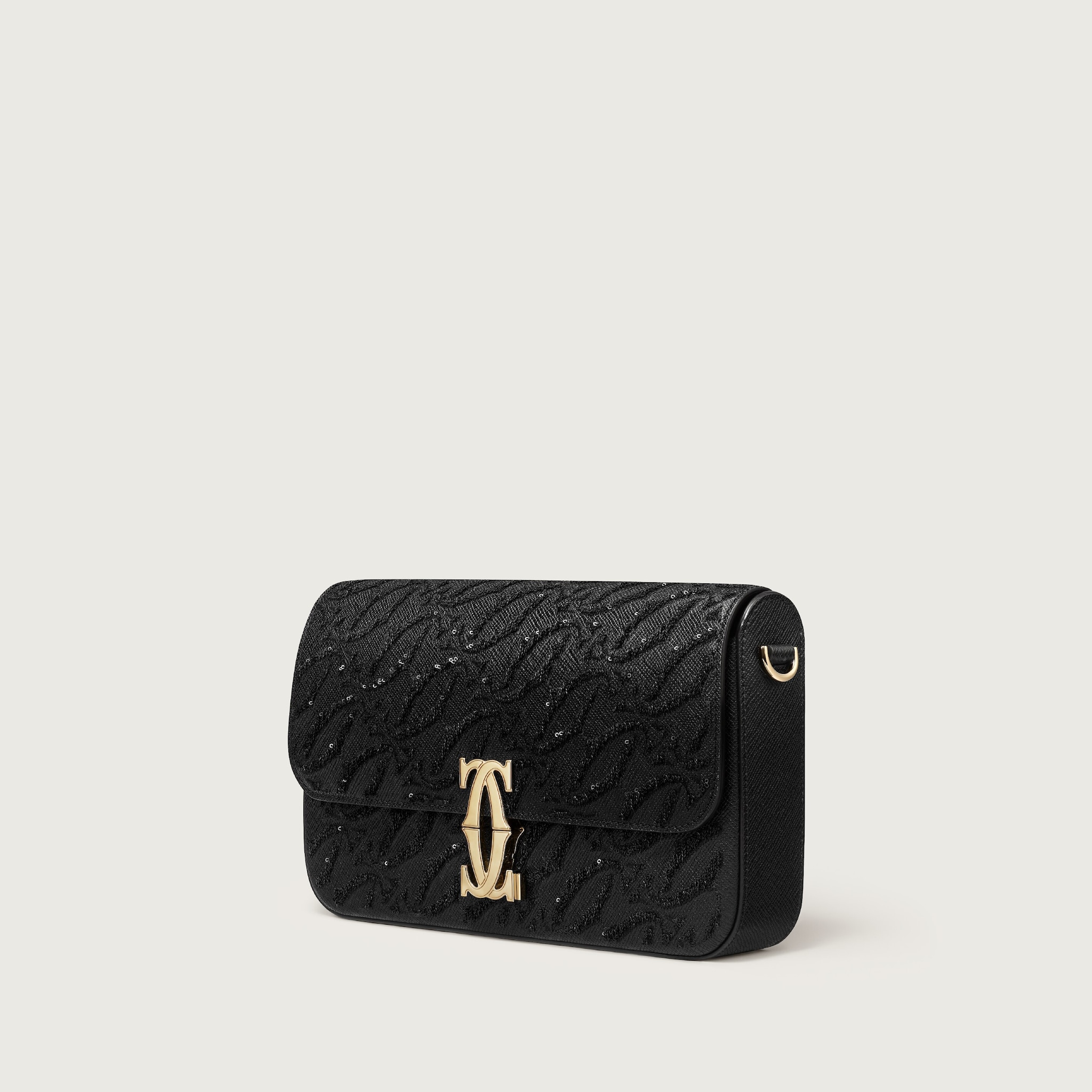 Mini model chain bag, C de CartierBlack textured calfskin, embroidery, golden finish