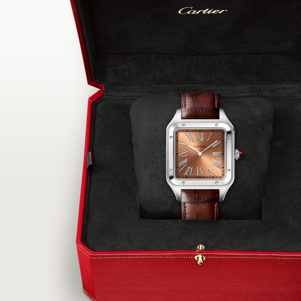 Santos-Dumont watch Extra-large model, manual mechanical movement, platinum, leather
