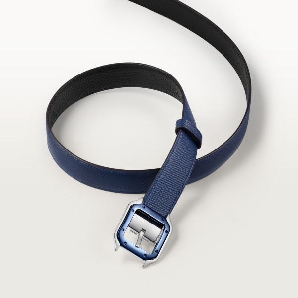 Belt, Santos de Cartier Blue and black grained cowhide, palladium-finish and blue PVD buckle