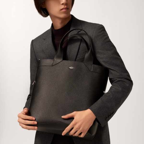 Small tote bag, Cartier Losange Grained black calfskin, palladium finish and enamel